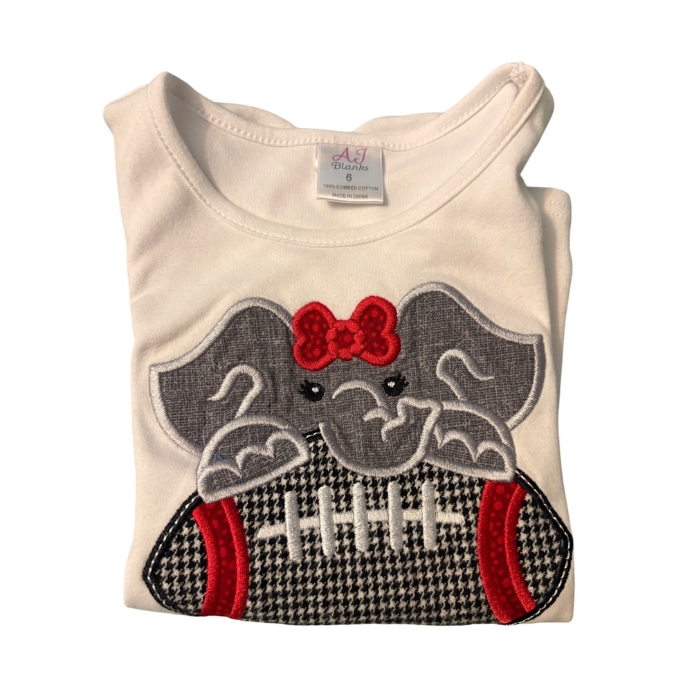 AJ Blanks Girls White Elephant Football Houndstooth Applique Puff Sleeve Shirt 6 - Picture 6 of 6